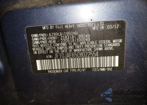 2012 Subaru Impreza 2.0I Premium from USA, damaged, VIN JF1GJAE65CH022554